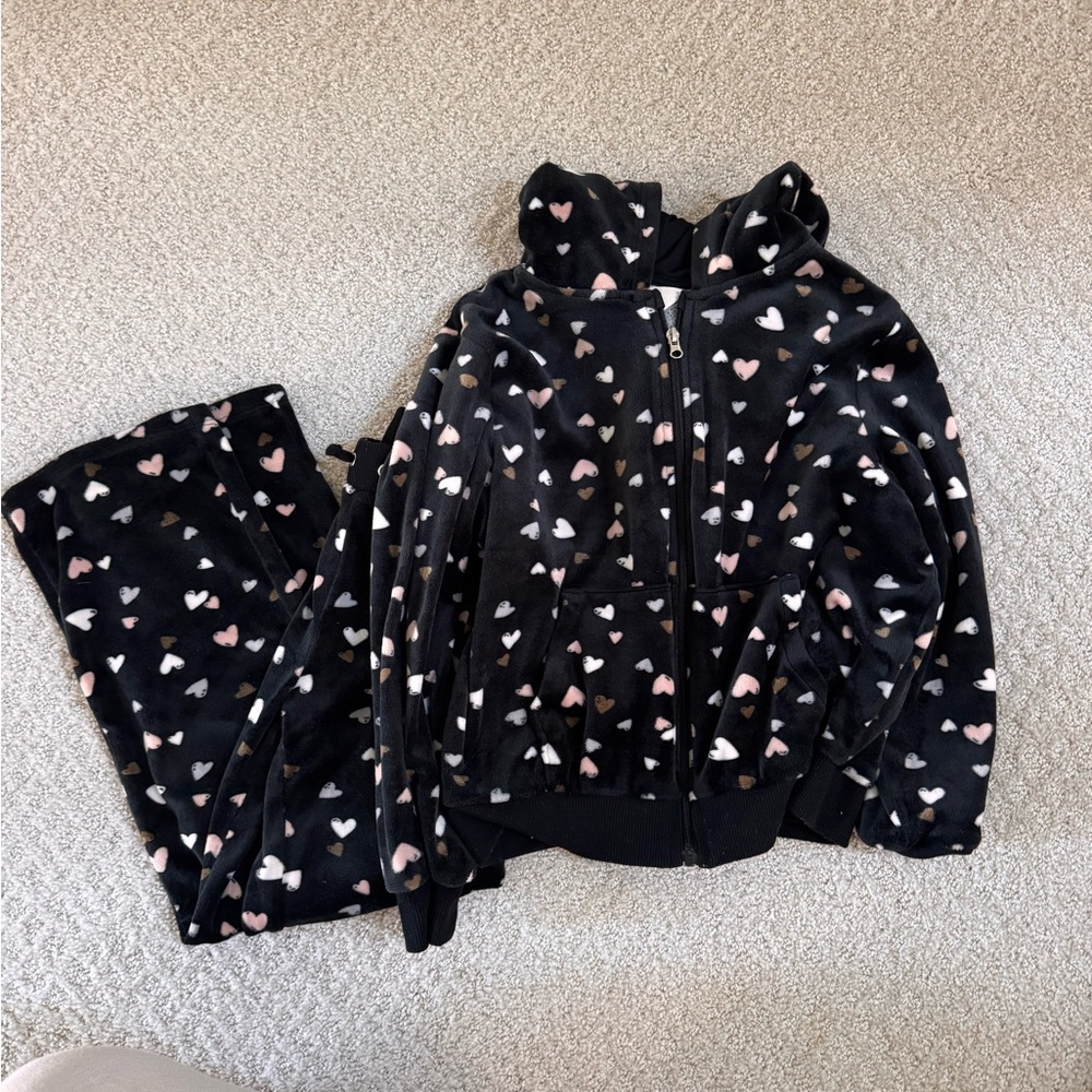 H&M Black Heart Print Velvet Hoodie and Pants Set